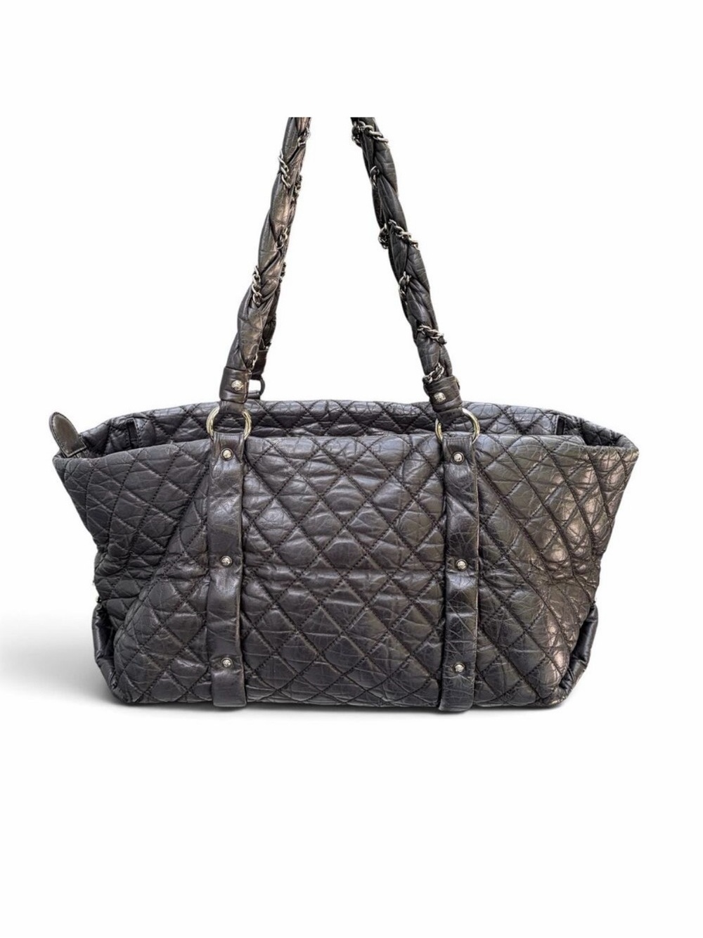 Chanel Lady Braid Black Aged Calfskin Quilted Duffel Tote Braided Chain w/ COA
